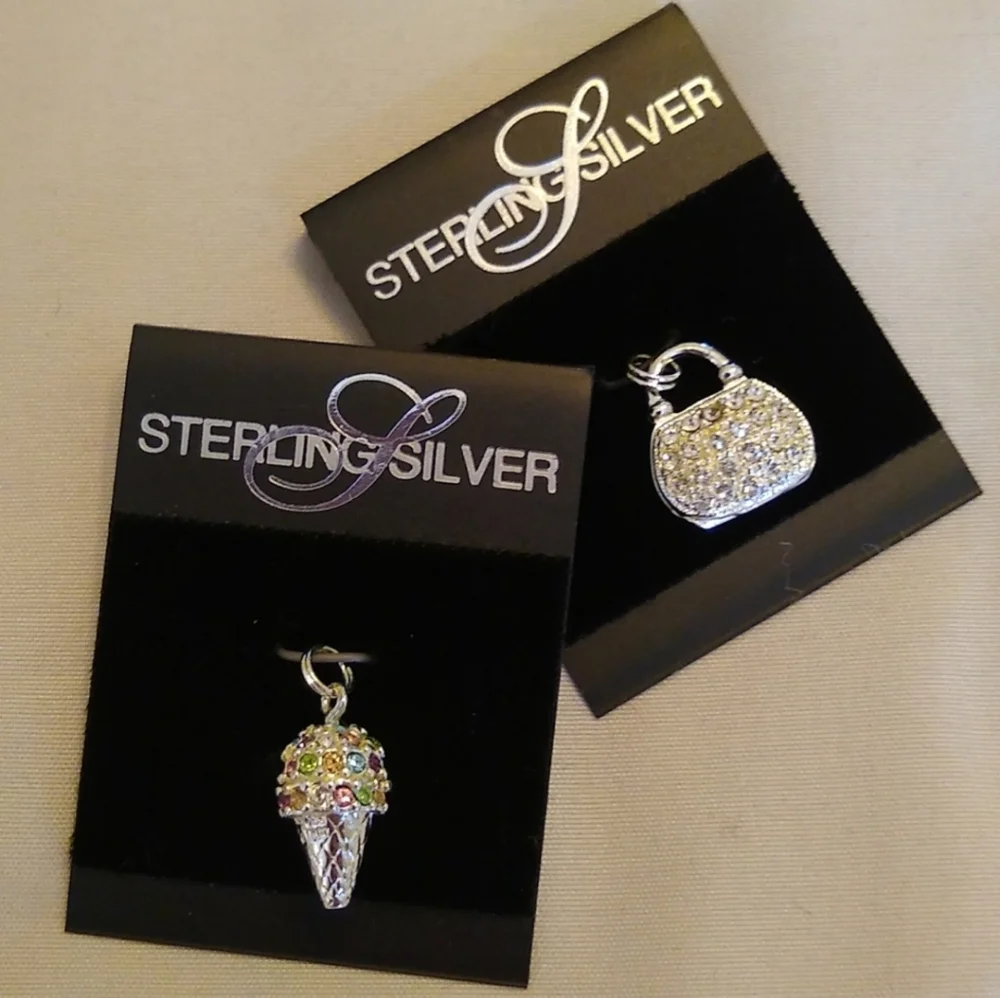 STERLING SILVER Vintage Charms with Crystals Set of 2 - Picture 1 of 10